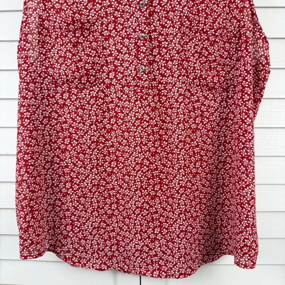 LOFT Sleeveless Blouse Women XXL Red Floral Henley Shell Pocket Top - Picture 3 of 16